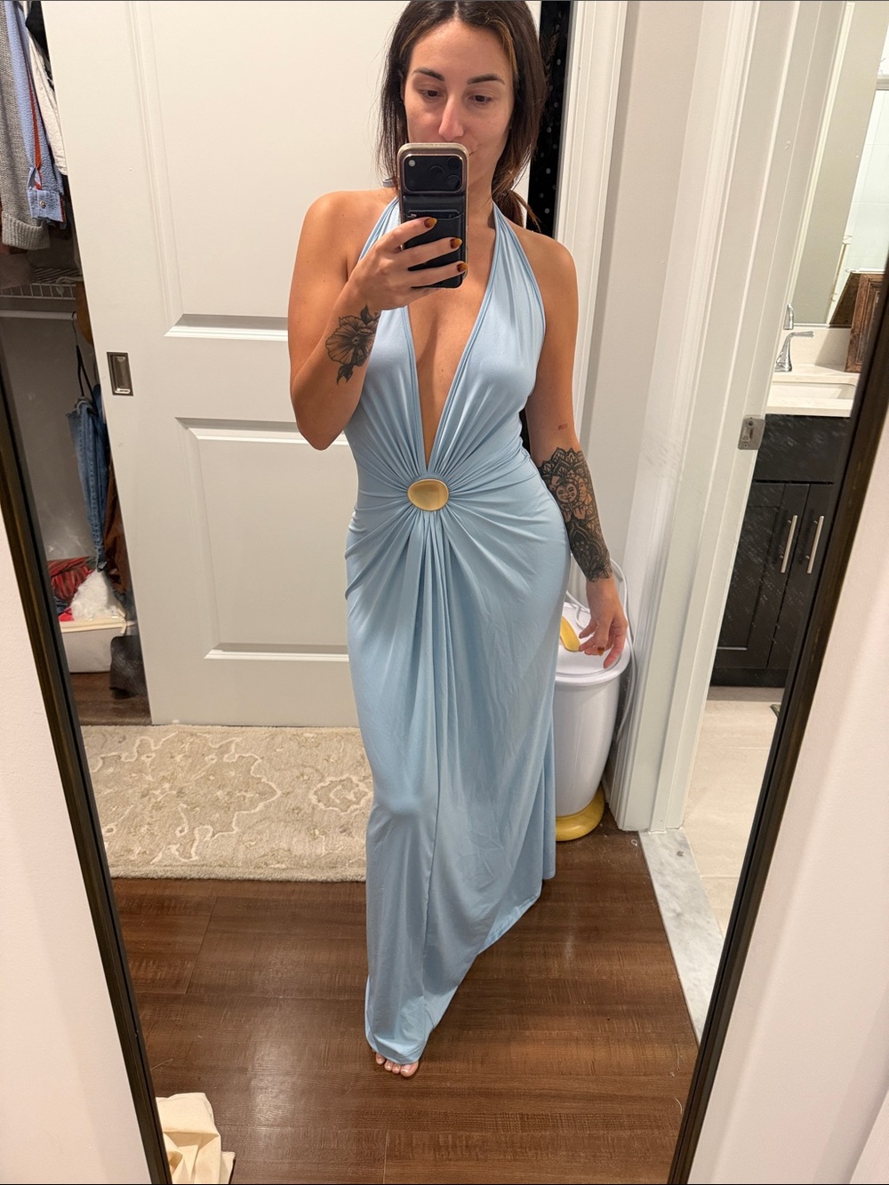 Halter Deep-V Maxi Dress with Ring Detail - Light Blue
